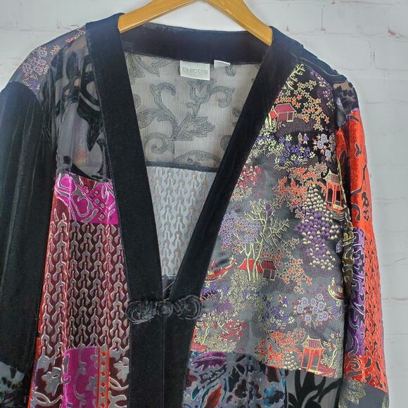 Vtg Chicos Velvet Burnout Silk Blend Kimono Topper Sz 3 XL Gothic Chic Oriental - Picture 9 of 15